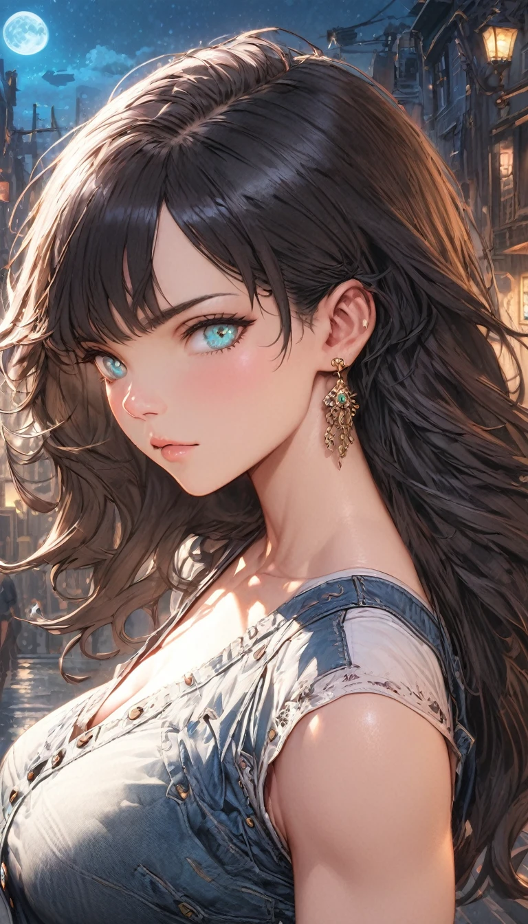 best quality,4k,8k,highres,masterpiece:1.2),ultra-detailed, extremely detailed eyes, extremely detailed body, (large masterpiece digital art), (detailed manga illustration), (detailed line art), ((perfect anatomy)), (intricate details:1.3), (ultra-detailed:1.3), (illustration:1.3), (sharp focus:1.3), (natural lighting:1.05), (vivid colors:1.3), (masterpiece), (best quality:1.4), (perfect anatomy:1.4), high quality, expressive eyes, full body, detailed face, beautiful face, perfect face, 1 girl, muscular, tall girl, large breasts, long hair, light brown hair, straight hair, low ponytail, detailed hair, ((casual clothes)), grey t-shirt, (vest), open vest, (blue pants), denim pants, pale skin, aquamarine eyes, splash art, curvy, black combat boots, cinematic lighting, dramatic atmosphere, Atey Ghailan, Jeremy Mann, Greg Manchess, Antonio Moro, trend in ArtStation, trend in CGSociety, Intricate, High Detail, Sharp focus, dramatic and photorealistic painting art by Midjourney and Greg Rutkowski, Jeff Bridges, ((cartoon style)), Marvel Cinematic Universe style, (((Night sky in the background))),