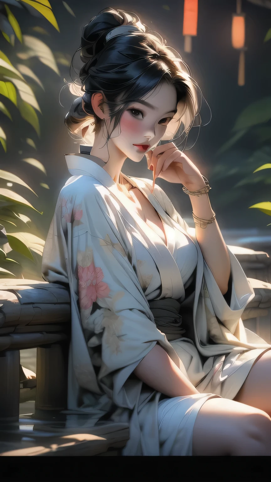 (Cinematic Light, 最high quality, 8k, masterpiece: 1.3), (The world is wonderful, Japanese Goddess, One beautiful woman in the Japan), (necklace, bracelet, anklet, Leg Ring), (Cleavage, sexly, Highly detailed breasts), (Big Tits), Årafed woman in kimono, kimono, classic kimono, kimono, Japan kimono, long beautiful flowing kimono, intricate geisha kimono, blue kimono with floral pattern, Japanese style, wearing kimono, Legs wide open, Inspired by Kano Hogai, masterpiece, 最high quality, high quality, High resolution、((Upper body portrait))、((Pause_Sit down and open your legs)), random,