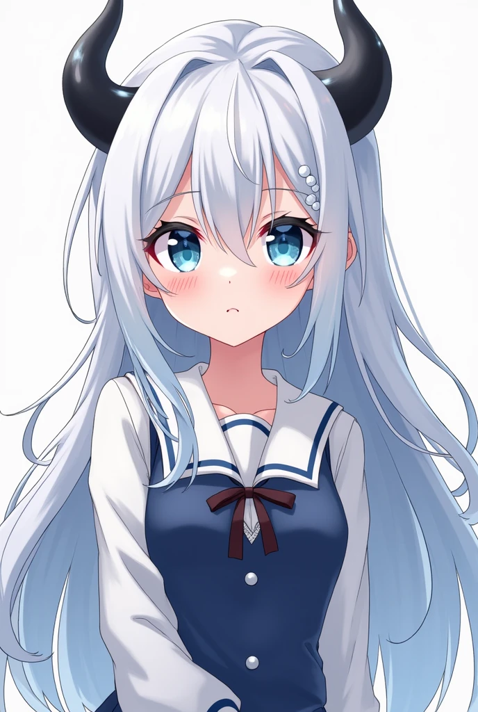anime girl with white hair, sky blue eyes, black devil horns and the U uniform. A
