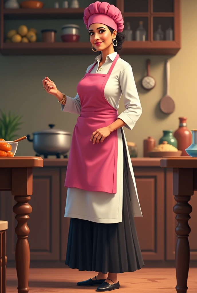A lady wearing a white kurti and a black plazo plant and black shoe with a pink apron and a pink chefs cap
