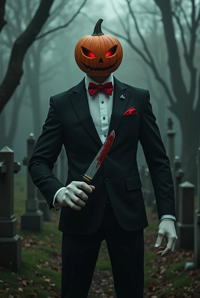 Porter from a horror movie with a person in a black suit and a red bow and with white gloves on his head, a pumpkin and a knife with blood and an abandoned cemetery in the background
