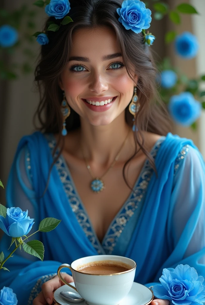 Beautiful pretty girl smiling face  blue Mughal wearing clothes with blue eyes
Blue rose  and cup of coffee 