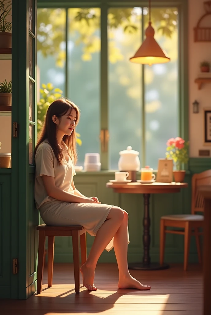A serene café scene featuring a young woman taking a well-deserved break, her feet comfortably propped up on a vintage wooden stool. She exudes a sense of tranquility with her relaxed posture and a soft smile playing on her lips. The café, bathed in soft, warm, and natural light, creates an ambiance of relaxation and comfort. A slight blur in the background adds to the serene and peaceful atmosphere, making the viewer feel as if they are taking a break with her.