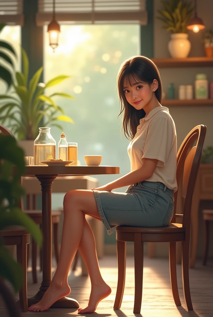 Korean girl, elegantly sipping coffee in the tranquil morning at a camp nestled in the heart of the forest. The dew-kissed leaves outside her campsite gently rustle in the crisp forest air. The sun creeps over the horizon, casting a warm, golden glow upon her striking features. With each sip, the steam curls up to meet the cool morning mist. Her delicate porcelain skin contrasts against the rough wood of the camp chair. The morning light illuminates her round, youthful face, emphasizing her soft, rosy cheeks and sparkling, bright eyes. The steamy cup of coffee, nestled in her slender, capable hands, radiates an earthy