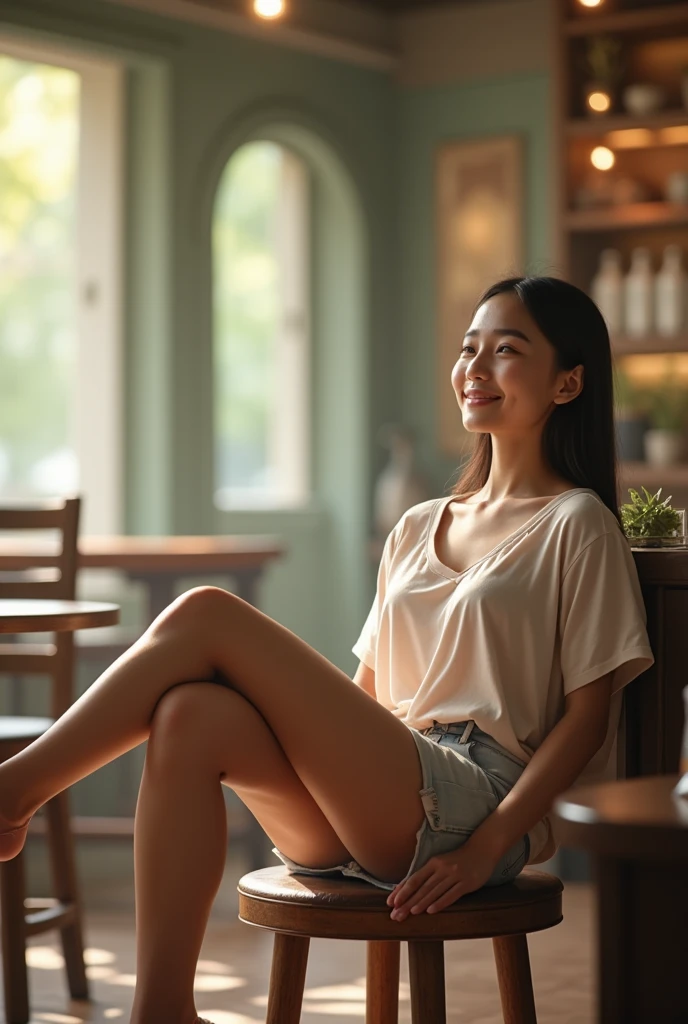 A serene café scene featuring a young woman taking a well-deserved break, her feet comfortably propped up on a vintage wooden stool. She exudes a sense of tranquility with her relaxed posture and a soft smile playing on her lips. The café, bathed in soft, warm, and natural light, creates an ambiance of relaxation and comfort. A slight blur in the background adds to the serene and peaceful atmosphere, making the viewer feel as if they are taking a break with her.