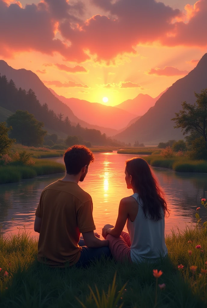 An couples sit in river valley sun set