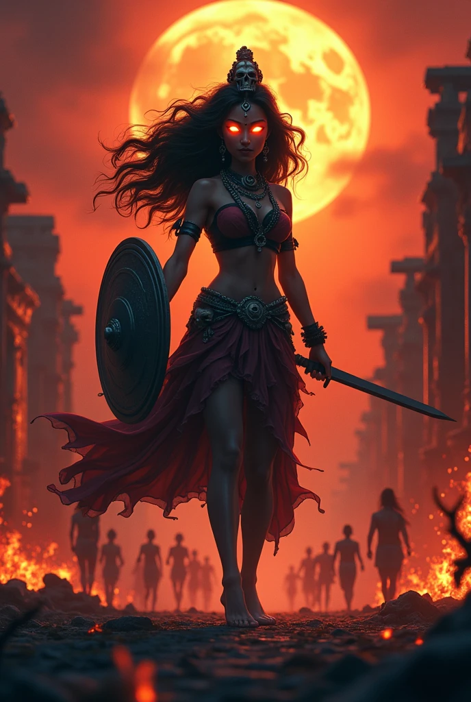 cinematic animated character art, shillouete of a woman dressed as godess Kali standing on street, glowing eyes, focused expression, wearing skull shaped garland and holding a sword and shield, village set on fire in background, temple ruins, Chaos, people running, moonlit night lighting, colour graded, vibrant, 4khd