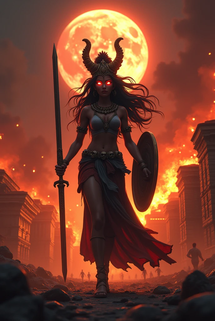 cinematic animated character art, shillouete of a woman dressed as godess Kali standing on street, glowing eyes, focused expression, wearing skull shaped garland and holding a sword and shield, village set on fire in background, temple ruins, Chaos, people running, moonlit night lighting, colour graded, vibrant, 4khd