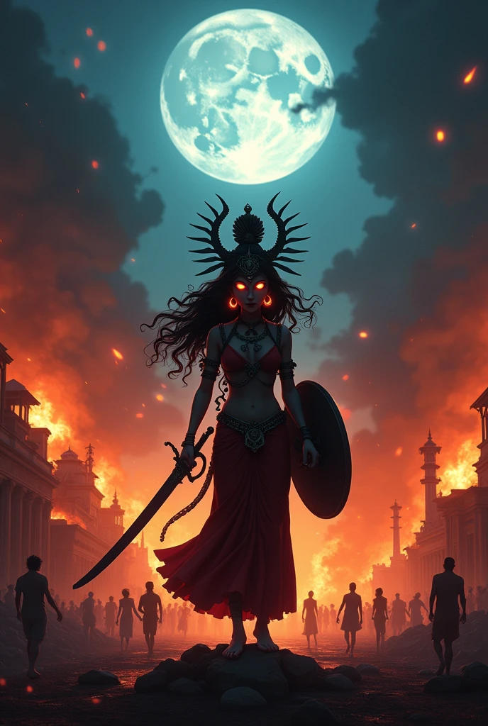 cinematic animated character art, shillouete of a woman dressed as godess Kali standing on street, glowing eyes, focused expression, wearing skull shaped garland and holding a sword and shield, village set on fire in background, temple ruins, Chaos, people running, moonlit night lighting, colour graded, vibrant, 4khd