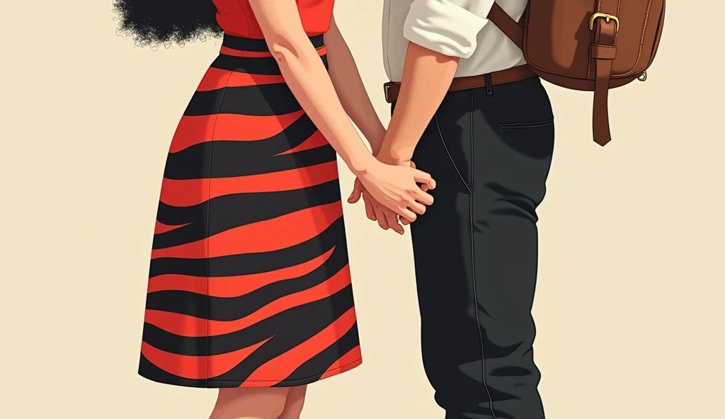 A woman and a man hold hands. The woman wears a horizontal black and red striped cylinder skirt, like a zebra.