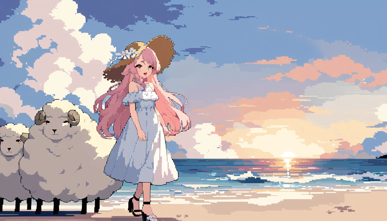 masterpiece, Highest quality, 8k, \(Pixel art, Vivid, Highest quality\), \((One person, Sheep)), (young woman, Open your mouth, Fluffy hair, Long Hair, sheepの毛のような髪, Pink Hair, eyebrow, 太いeyebrow, White dress, Straw hat, High heel sandals\), (Highest quality:1.0), (\Seaside, Sandy Beach, evening\), sheep