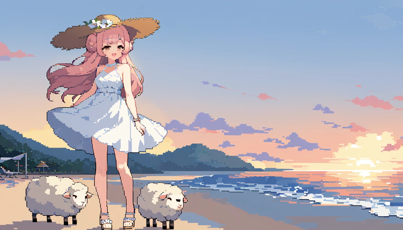 masterpiece, Highest quality, 8k, \(Pixel art, Vivid, Highest quality\), \((One person, Sheep)), (young woman, Open your mouth, Fluffy hair, Long Hair, sheepの毛のような髪, Pink Hair, eyebrow, 太いeyebrow, White dress, Straw hat, High heel sandals\), (Highest quality:1.0), (\Seaside, Sandy Beach, evening\), sheep