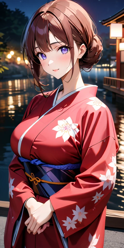 ((Highest quality、masterpiece、anime style、best quality、high resolution、8k、detailed、ultra-detailed:1.3))、Long legs:1.2, Beautiful woman with perfect figure:1.4、(Smiling:1.2), double eyelid、30-year-old female、((((One Woman,beautiful face,Beautiful face、Japanes,Japan,Riverside、Kyoto、kimono、 night,upper body:1.5)))),Big Breasts、High resolution, accurate, Anatomically correct, Winner of numerous awards, High-resolution model, high quality, Very detailed, Ultra high definition, Textured skin