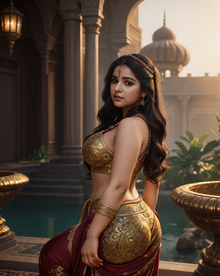 (masterpiece portrait photography:1.3) of a (solo:1.3) ravishing alluring curvy chubby tamanna kpd as persian princess Jasmine ,posing in a ornate arabian garden, wearing mysterious nikaab, (harem pants:1.3), navel, (ravishing wavy backlit hair), cinematic (deep intricate eyes:1.3), (passionate expression:1.3)  dramatic lighting, depth of field, backlit, light rays, highly detailed, trending on artstation, paint splashes, rich colour, mythological portrait, by Guweiz & greg rutkowski