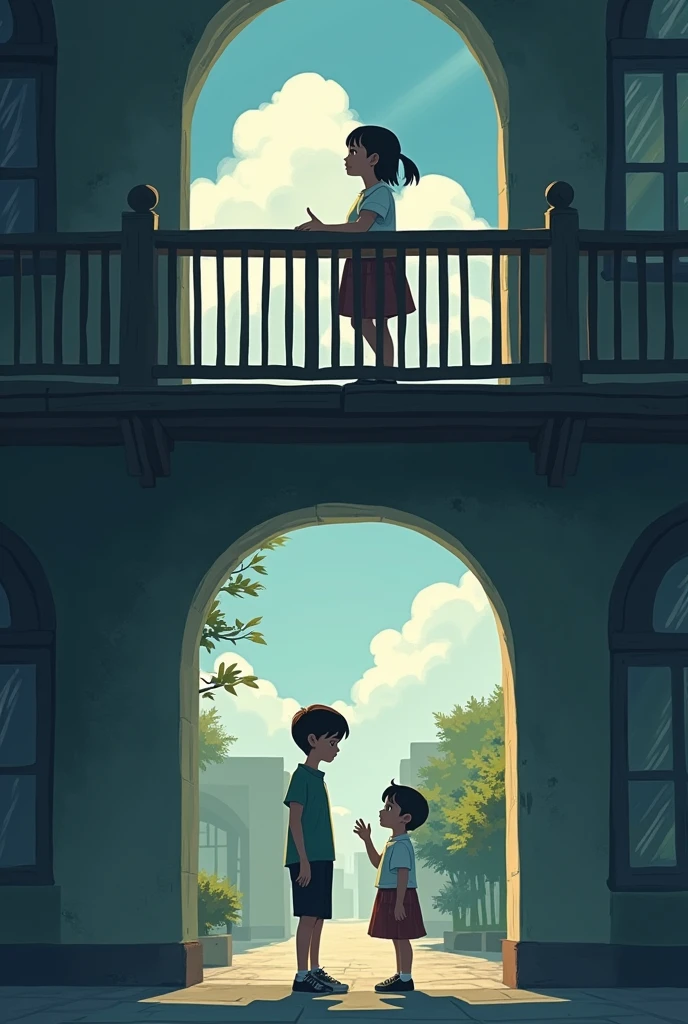 A girl who is in a building of four floors standing on the second floor at the balcony looking downwards and a boy who standing down the building looking up towards the girl and waving his hand
