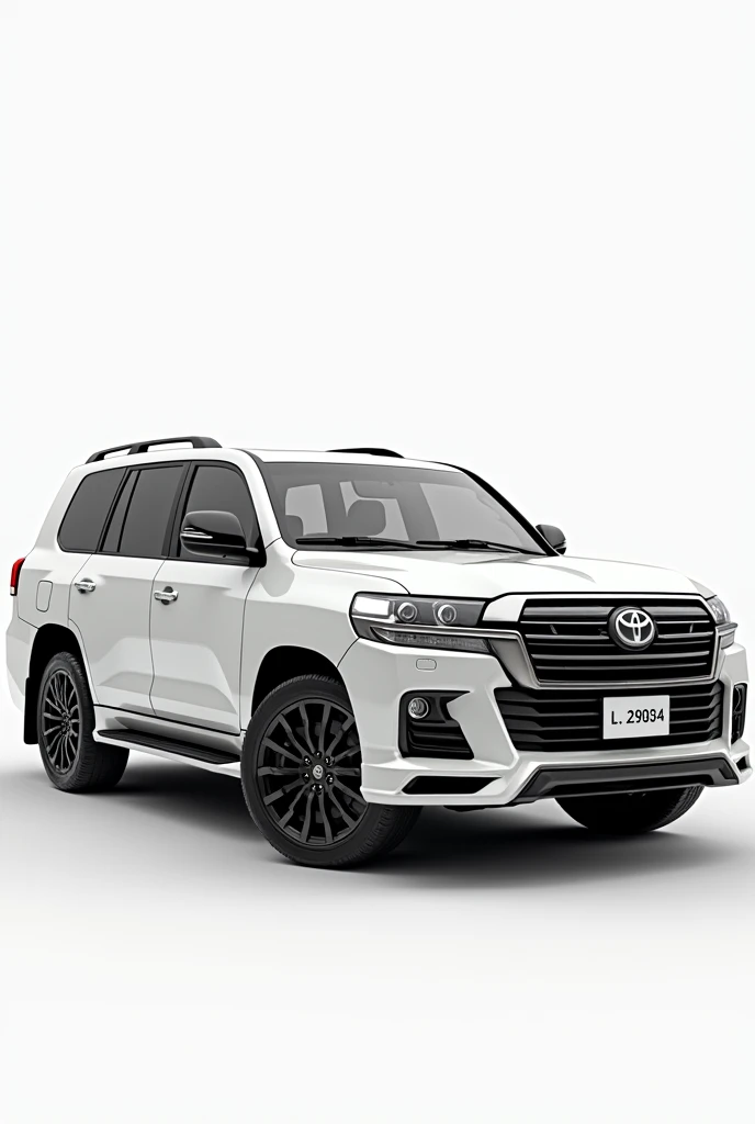 (photorealism:1.2), Landcruiser VXR White Dubai model car ,with L 29034 NUMBER PLATE,White background,Side view zoomed in view