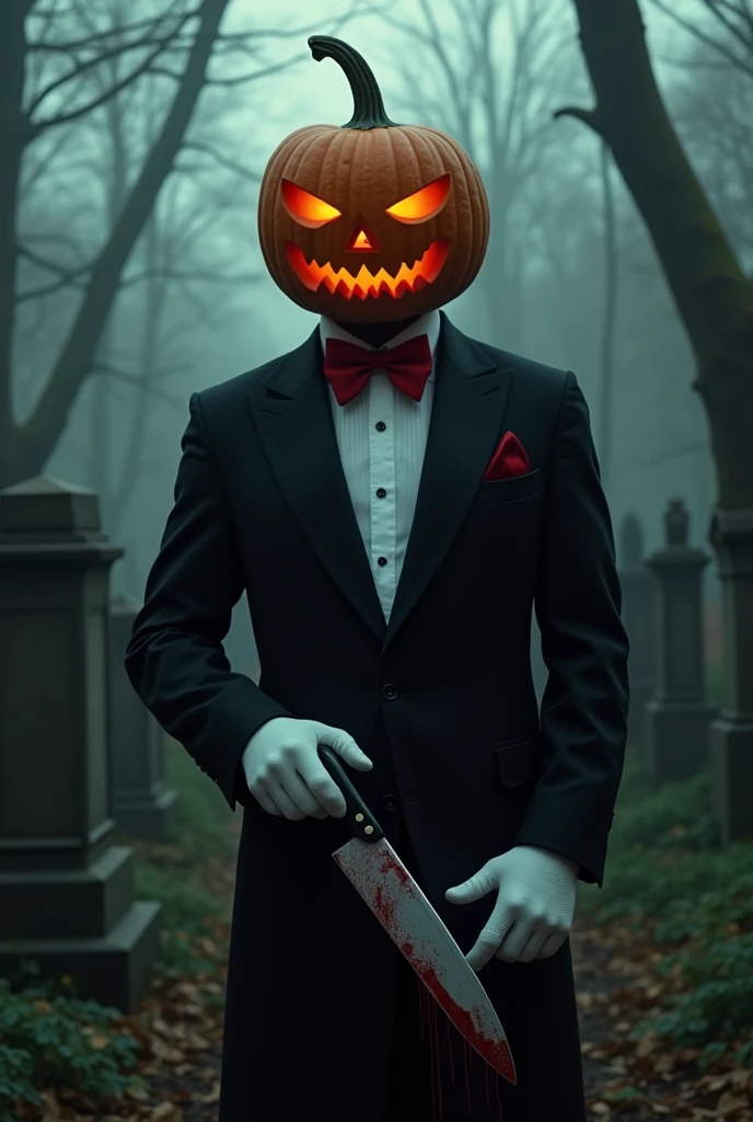 Porter from a horror movie with a person in a black suit and a red bow and with white gloves on his head, a pumpkin and a knife with blood and an abandoned cemetery in the background