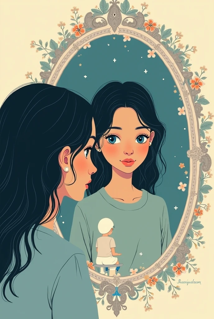 Title: "Learning from me"
Author: Alisse Ruiz Figueroa Background image: A girl with blue eyes and black hair looking at herself in the mirror, In the mirror she sees herself as a child. The mirror is decorated with flowers in pastel tones.
Color Principal: soft pink Typography: italic Additional elements: a small icon of a person looking in the mirror Design: The cover has an elegant and minimalist design. The title and author are highlighted at the bottom of the cover., respectively.