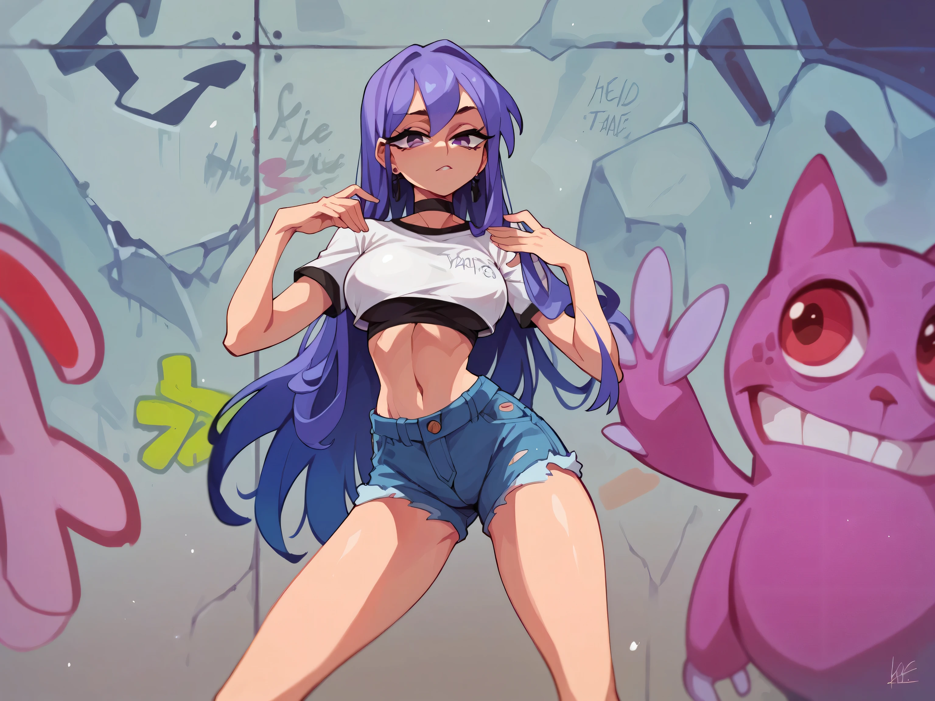 Masterpiece , Excellent quality , high resolution , 1 woman , Long Lilac Hair , White crop top , Jean Shorts , abdomen , big breasts , Long legs , hands on hips ,  Graffiti wall