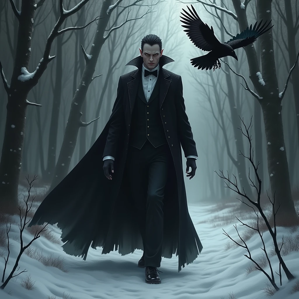 A strong vampire man in a dark snowy forest with a raven flying beside him