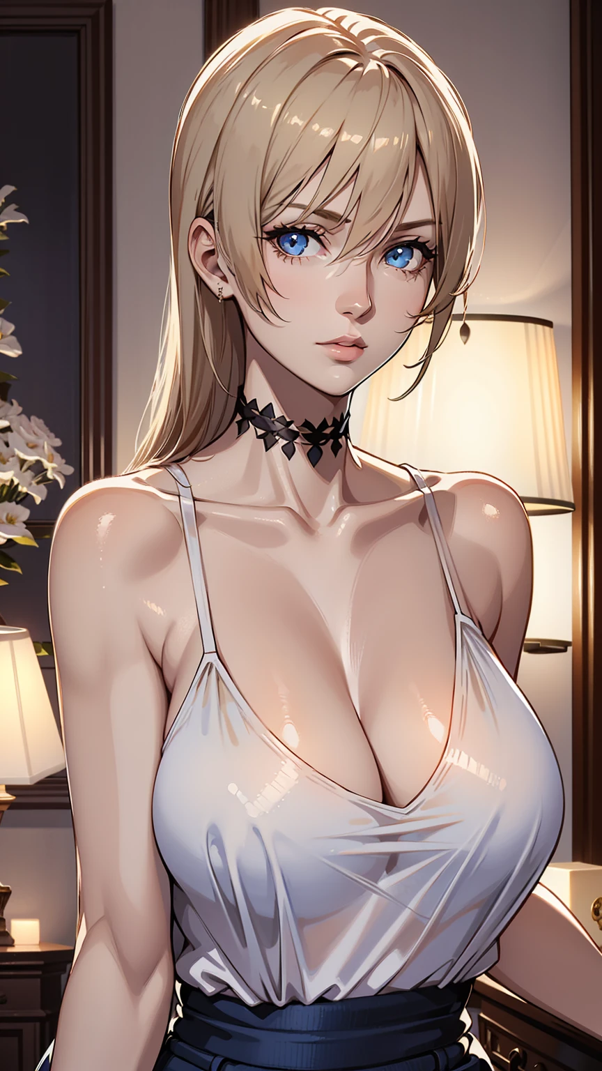 1girl, elegant mature, woman, upper body, broad shoulders, long hair, blonde, bang, blue eyes, camisole, home, soft light, JeanBartDefault