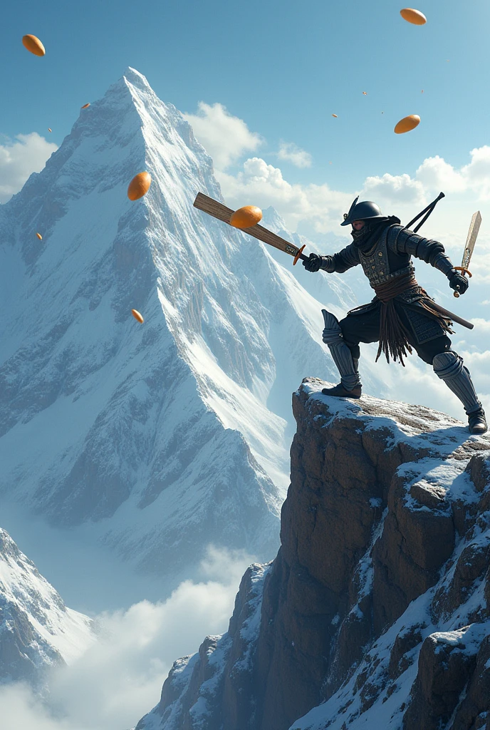 Samurai and ninjas fighting for a pice of mango on mount Everest with cricket bat