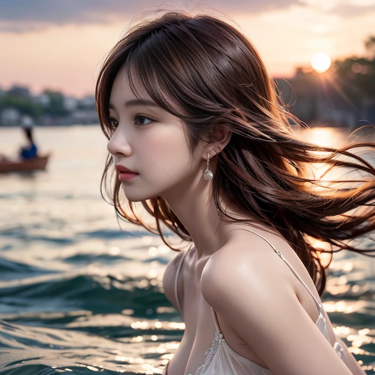 top-quality、8K、32K、masterpiece,)Beautiful woman、Natural look、Look away 、Under the sea、Hair is wet、Submerged below the face、see through dress、steam、Soft atmosphere、moment、No makeup、Taken from the side、the sea is shining、evening,Shooting from a distance