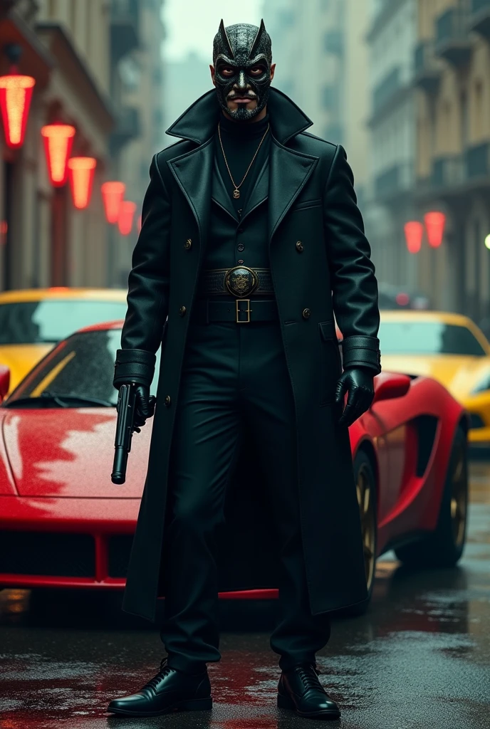 A gangster with a mask and has a gun on his hand and sport cars in background