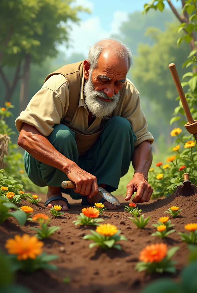 Depict Babu experimenting with a new planting technique. This could include him using special tools or methods for planting flowers in neat rows.