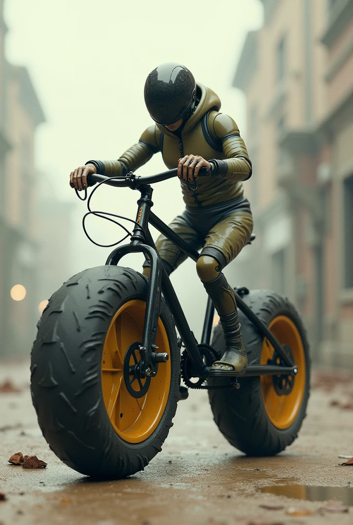 A bike with big tyres waliking like human shape like car