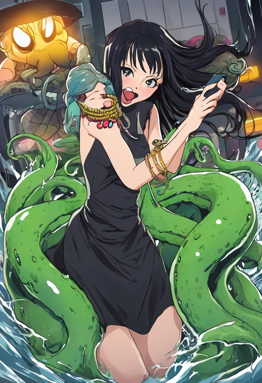 (slime vore) Three gorgeous women (varied height, varied weight, varied race, wearing a towel or less, crazy hairdo, crazy jewelry, tend towards fit and hourglass figure) they are scared and struggling a steamy women's locker room, being caught by tentacles which forcefully restrain their arms and legs while being absorbed by horror monster 'The Blob', damsel in distress, damsel demise. One woman is live streaming about how scared she is while holding her cell phone
