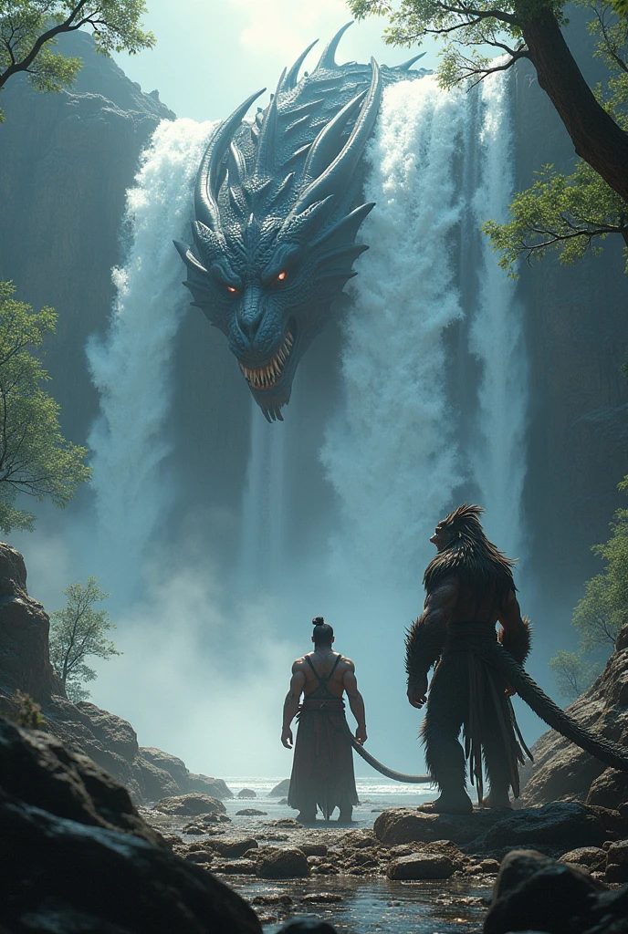 4khd black myth of wukong the monkey king full body capture and wild black dragon at movie black myth of wukong.they are walking near the river and waterfall