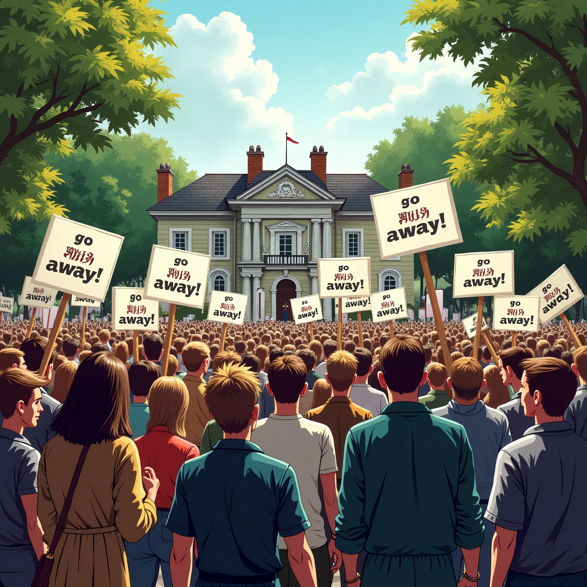 a crowd of people protest in front of the mayor's house for the destruction of trees and green spaces in the city. They are holding signs that read:: "Go away!".