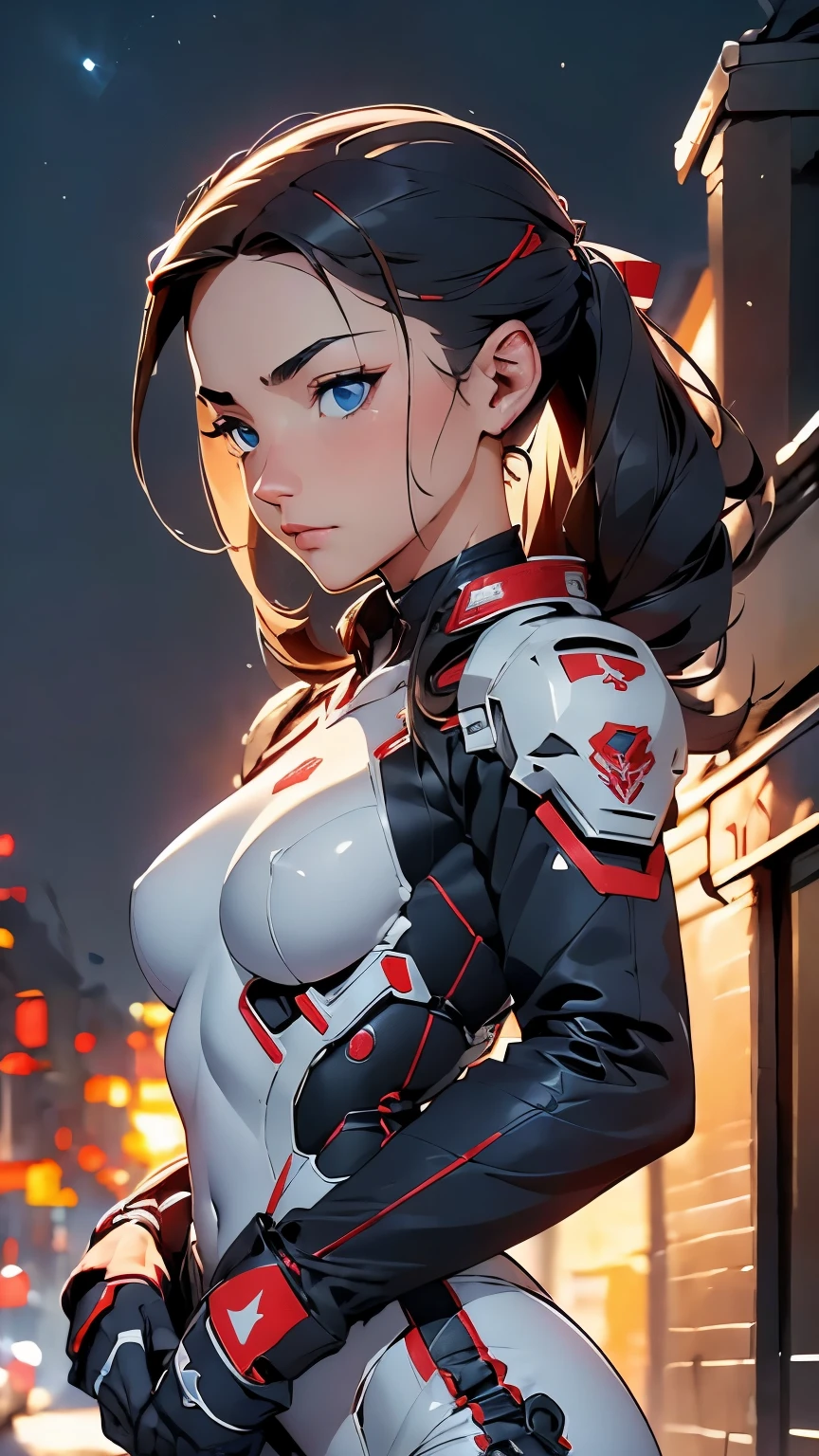 RUSSIAN WAIFU in combat exoskeleton, suit colors white blue and red, Very detailed, Vibrant, Ultra-high resolution, High Contrast, masterpiece:1.2, highest quality, Best aesthetics), (Small face), (Very detailedな肌:1.2)