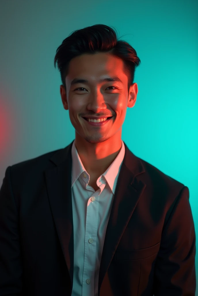A young man with dark hair and a confident smile. He is dressed in a black blazer over a white shirt. The man is positioned against aqua colour backdrop with a subtle red lighting on the left side. and he posing for Linkedin profile
