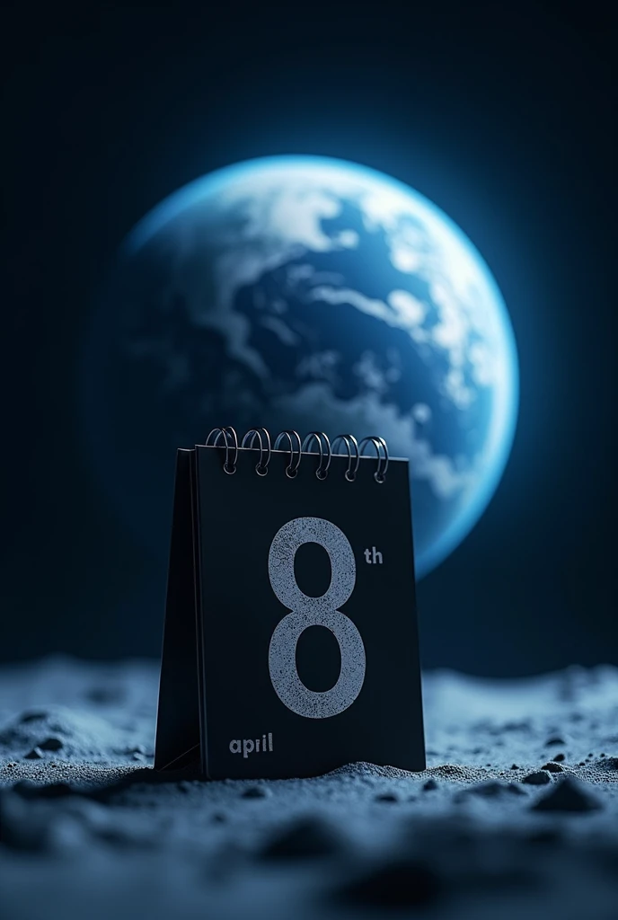 Black and white calendar marking April 8th with planet Earth in the background , blue space background