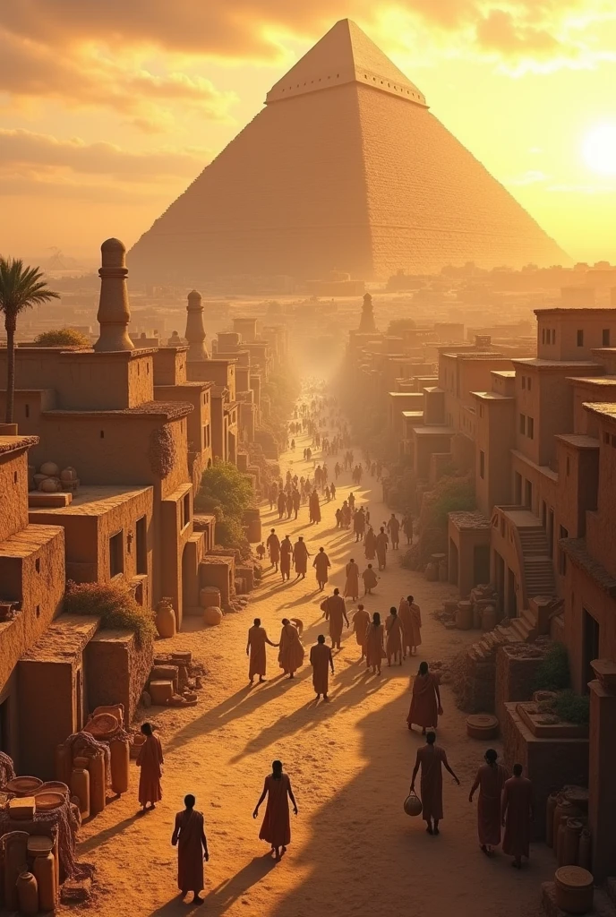"An ancient Sumerian cityscape from around 4,500 BCE. The scene shows a bustling city with people wearing traditional Sumerian clothing, engaging in daily activities such as trading goods, carrying water, and farming. In the background, there's a large ziggurat, a step-pyramid structure typical of Sumerian architecture, towering over the city. The foreground includes clay tablet scribes writing cuneiform, the world's first form of writing, on tablets. The environment is arid with dusty streets and simple, mud-brick buildings. The sky is clear with a warm, golden sunset, highlighting the ancient and historical setting."