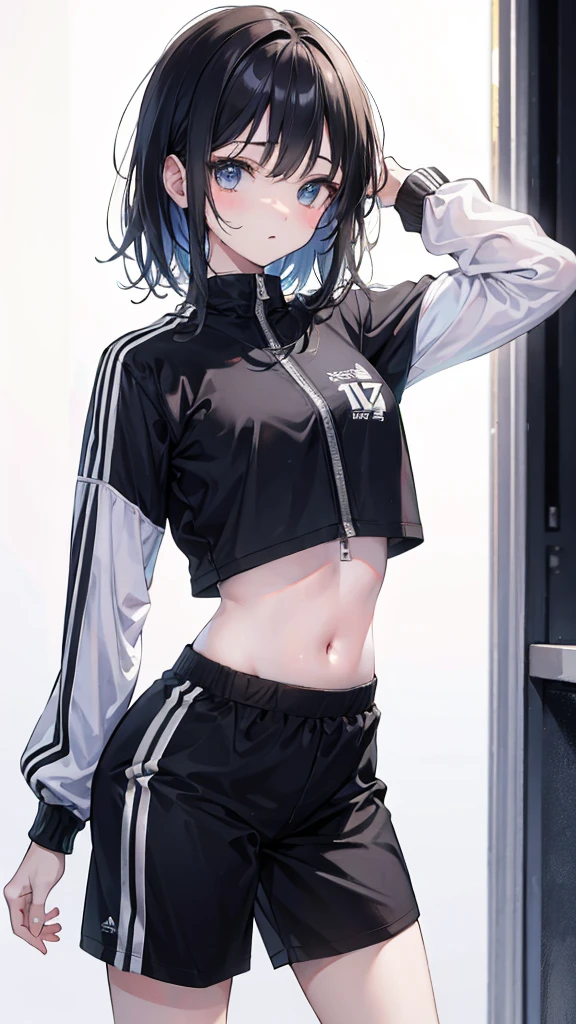 (short cute girl,small young student,young delicate girl),(masterpiece,Top quality),Big hoodie,Light blue sports bra,long black hair