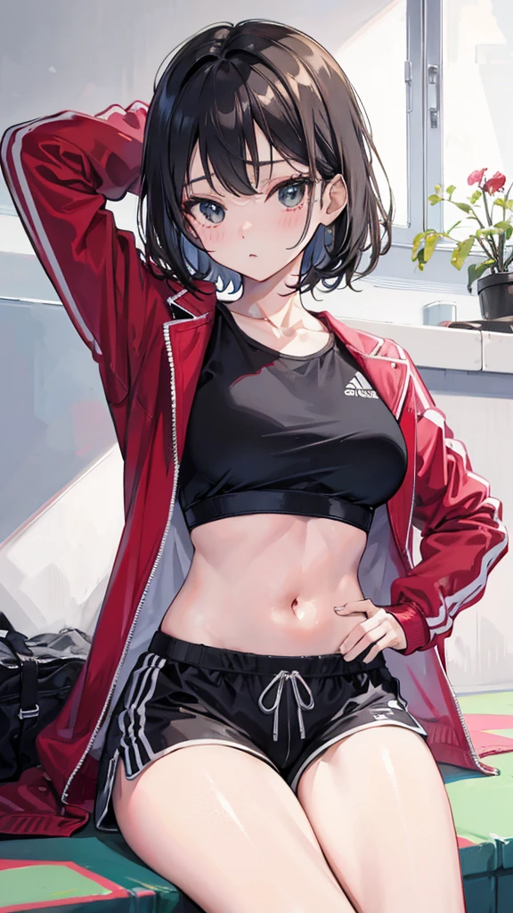 (Realistic painting style:1.0), Masterpiece, Best quality, absurderes, comic strip, illustration,
1 girl, Medium hair, Cute girl, young and cute girl, Korean girl, {Breasts}, Width 17,
A girl in a white shirt and black shorts, Wearing track suit, croptop, trending on r/Street attire, She is seen wearing streetwear pieces, Wearing track suit, Sportswear,