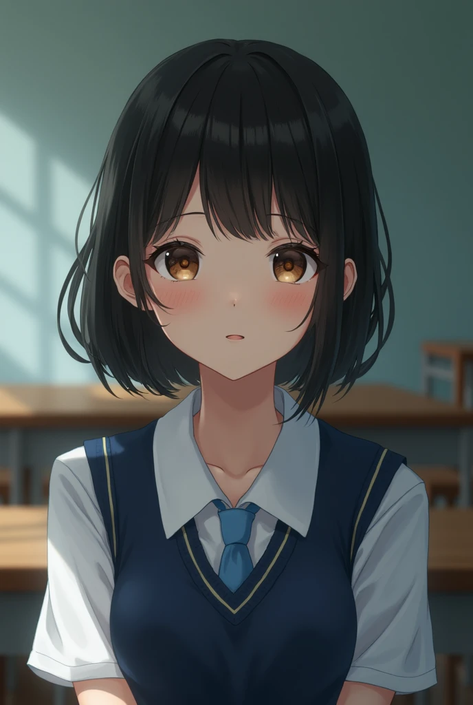 best quality, face focus, soft light, ultra high res, (photorealistic:1.4), RAW photo, 1japanese girl, solo, cute, (shy smile:0.5), (brown eyes, lights in the eyes), detailed beautiful face, (sme focus, soft light, ultra high res, (photorealistic:1.4), RAW photo, 1japanese girl, solo, cute, (shy smile:0.5), (brown eyes, lights in the eyes), detailed beautiful face, (small chest),(high resolution detail of human skin texture), (short bob hair), BREAK, in classroom,navy school uniform, vest, skirt
