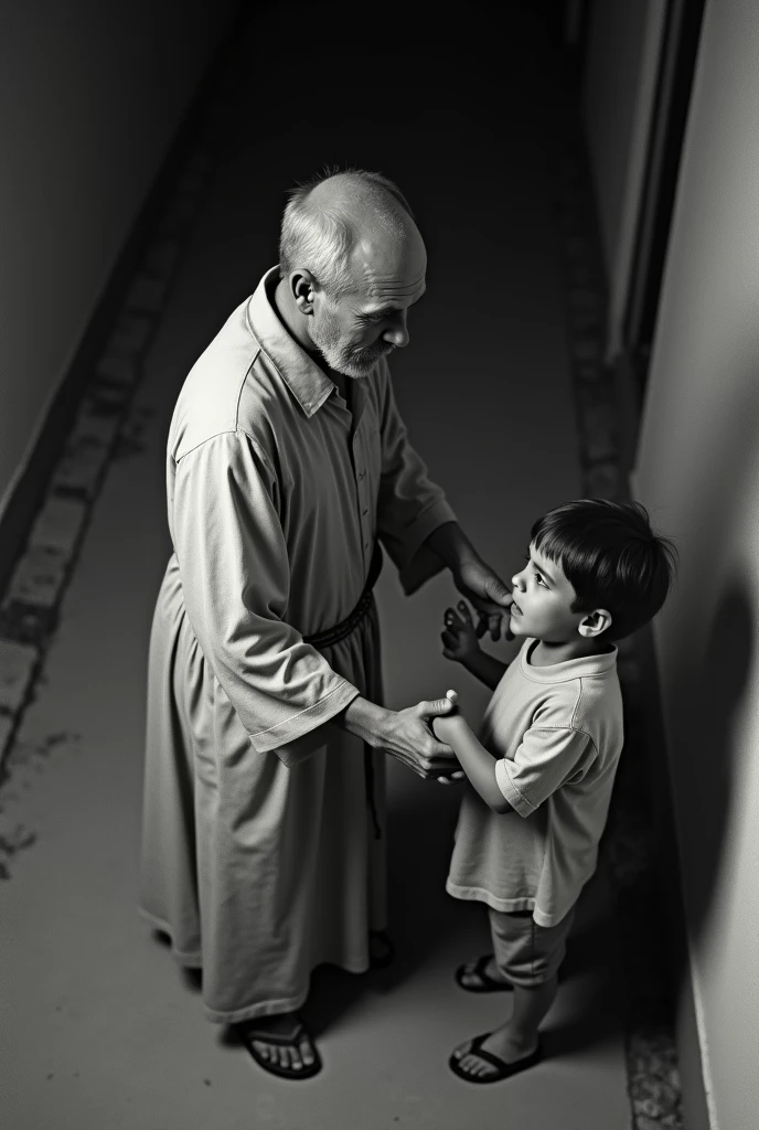 Create an image where you can see an image taken by a security camera (from above) In the 90s, a 40-year-old Colombian man with a dirty appearance from behind dressed as a priest (with hair ) holding a child's hand
