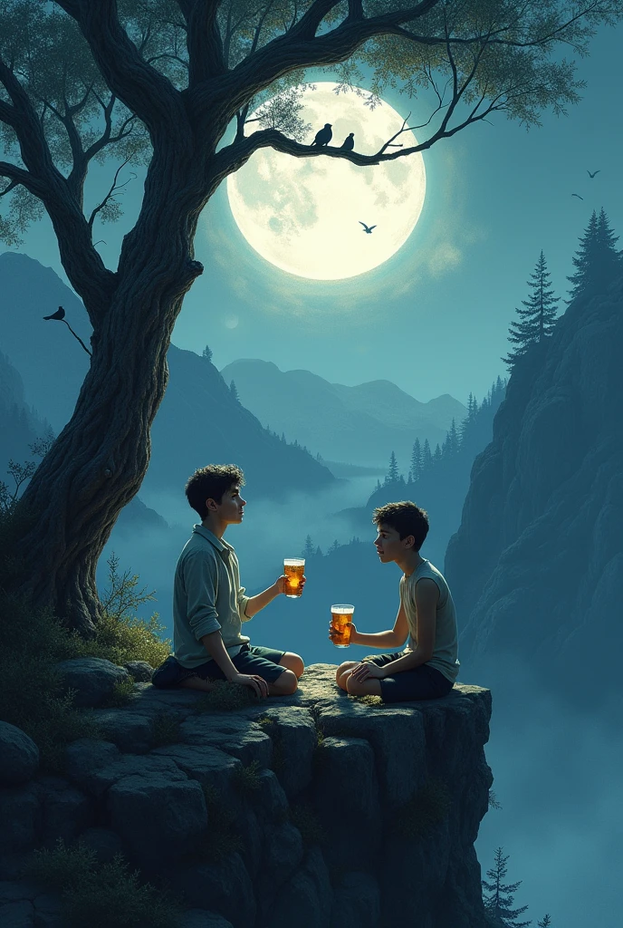 Draw a sketch of a boy at night standing on a mountain clif and drinking alcohol with a freind on the fool moon night add trees and birds sitting on the branches of the tree
