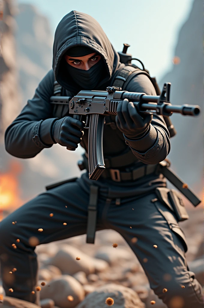 Generate na image which consists of ninja playing bgmi having gun akm