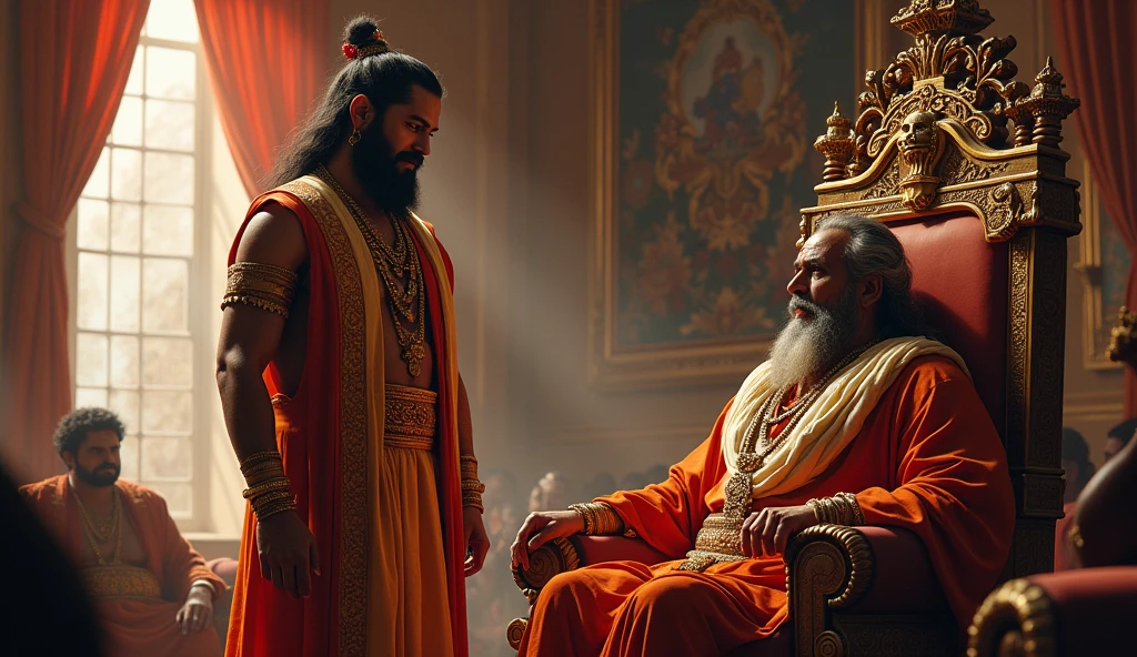Shakuni, in royal attire, stands confidently next to King Subala, who is seated on his throne. The room is richly decorated with tapestries and royal insignia.