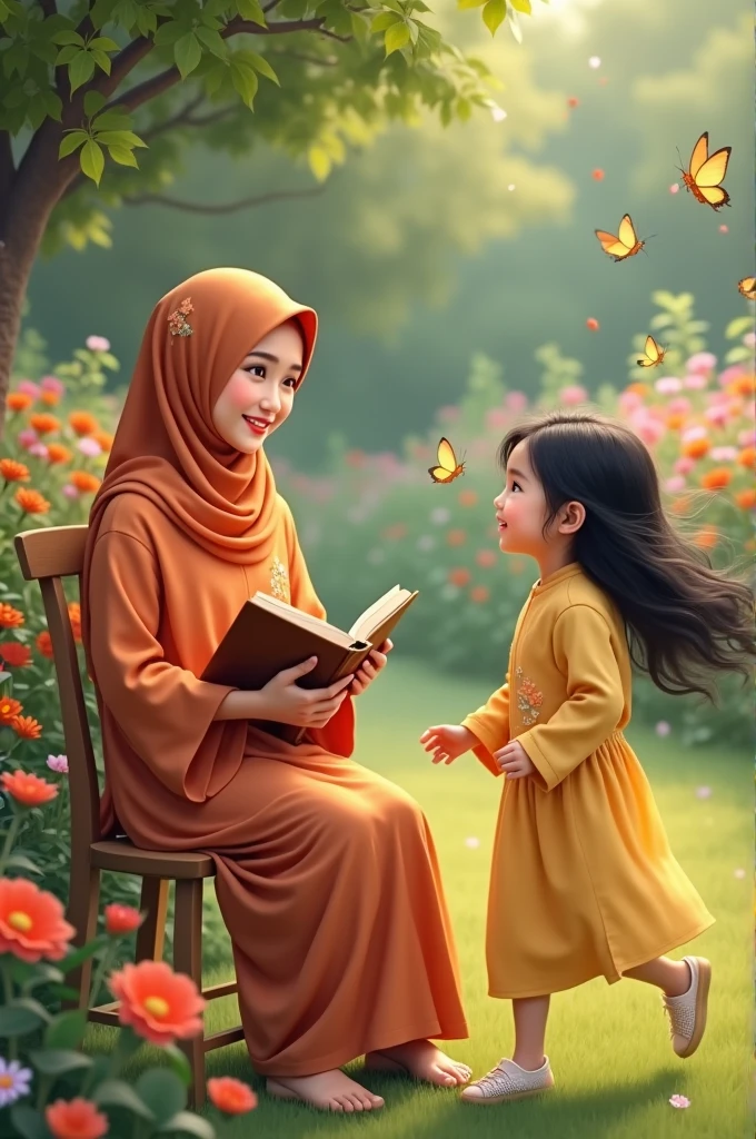 a beautiful Indonesian woman, 2, wearing an orange robe with small flower motifs, a matching long hijab sitting on a wooden chair, both hands opening a brown book, smiling beautifully at the camera. Beside him was a girl, shoulder length black hair, wavy, wearing a knee length yellow dress, running around chasing butterflies flying around the beautiful flowers around them. with a flower garden in the background with green grass and several beautiful flower plants. camera from above, face realistic focus, realistic pink lipstick, focus, 5D 8K