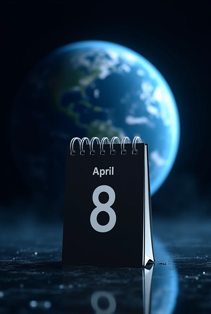Black and white calendar marking April 8th with planet Earth in the background , blue space background