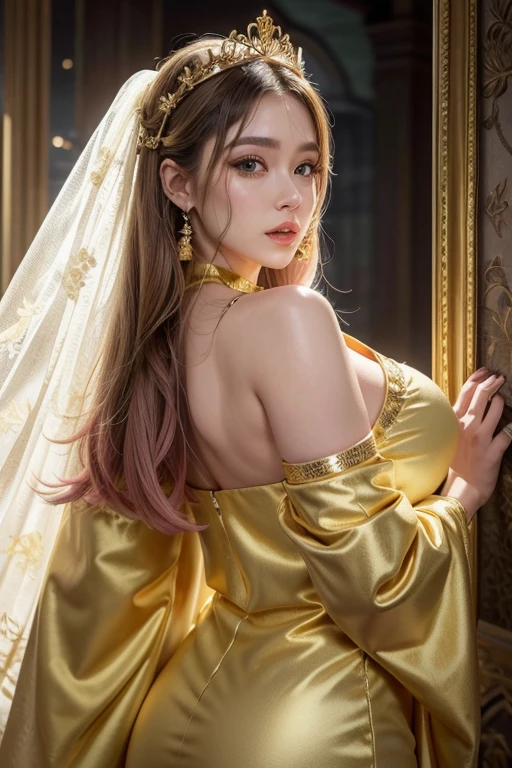 1 sister, (slender figure), very cute, ((Extremely detailed beautiful face)), (Open chest lace clothing:1.1), (Beautiful breasts and exquisite CG unified 8k wallpaper, Very detailed, High resolution RAW color photos, Professional photography, Realistic portrait, celebrity, cosmetic, sitting, will be doubled, (hood:1.5), indoor, ((Golden Noble Room, shiny, gold interior, gold and silver treasure painting, (dazzling light), Strange, unrealistic, depth of field
