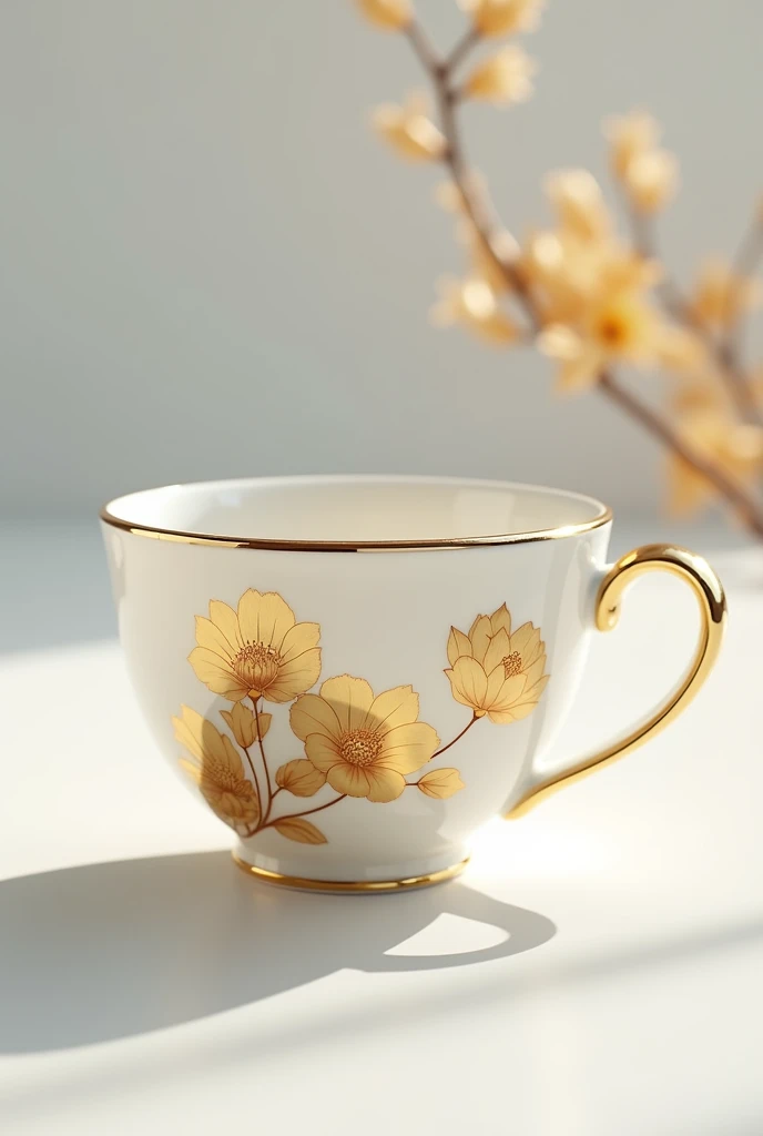 Create a porcelain coffee cup with golden flowers drawn on its very real cup