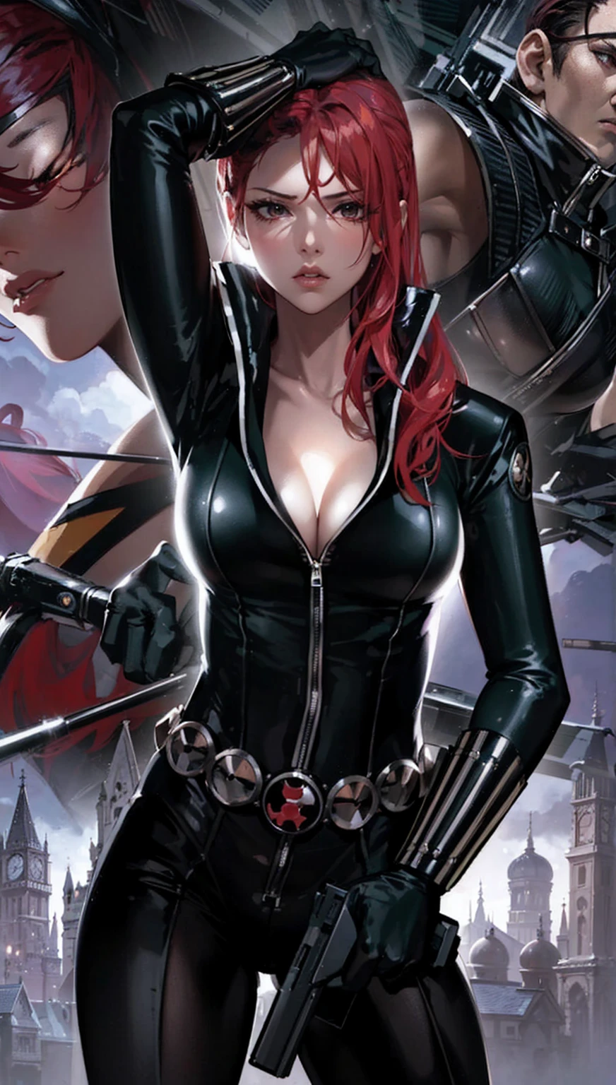 The image features a girl with long, bright red hair, dressed in a sleek skin-tight shiny black latex bodysuit with a deep-cut zipper neckline revealing a large chest, the silver zipper running down the front. The suit is complemented by her iron wrist guard on both wrists and a belt made of silver circles around her waist. She holds a gun in each hand in a ready position, while her other hand is touching her hair. Placed against a dark city backdrop, the scene includes buildings and might contain elements resembling a clock tower, suggesting an urban setting. This composition is emblematic of a superhero genre, highlighting central and ancillary characters, with an overtone of action and vigilance.