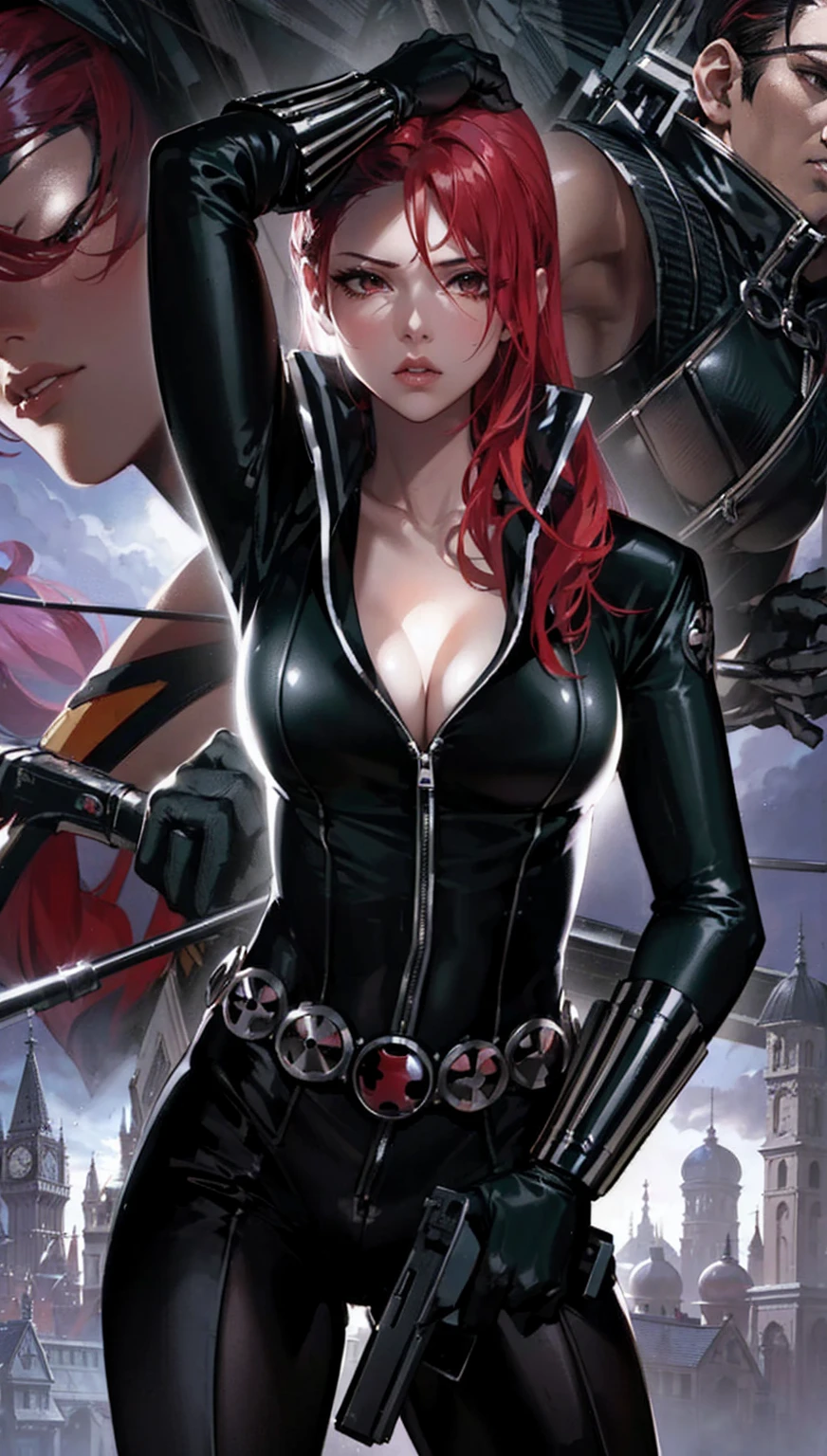 The image features a girl with long, bright red hair, dressed in a sleek skin-tight shiny black latex bodysuit with a deep-cut zipper neckline revealing a large chest, the silver zipper running down the front. The suit is complemented by her iron wrist guard on both wrists and a belt made of silver circles around her waist. She holds a gun in each hand in a ready position, while her other hand is touching her hair. Placed against a dark city backdrop, the scene includes buildings and might contain elements resembling a clock tower, suggesting an urban setting. This composition is emblematic of a superhero genre, highlighting central and ancillary characters, with an overtone of action and vigilance.